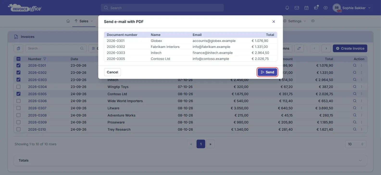 The Send e-mail with PDF window in Invoice Office listing four invoices with document number, name, email and total — 2026-0301 Globex, 2026-0302 Fabrikam Interiors, 2026-0303 Initech and 2026-0305 Contoso Ltd — with Cancel and Send buttons; Send is outlined in red