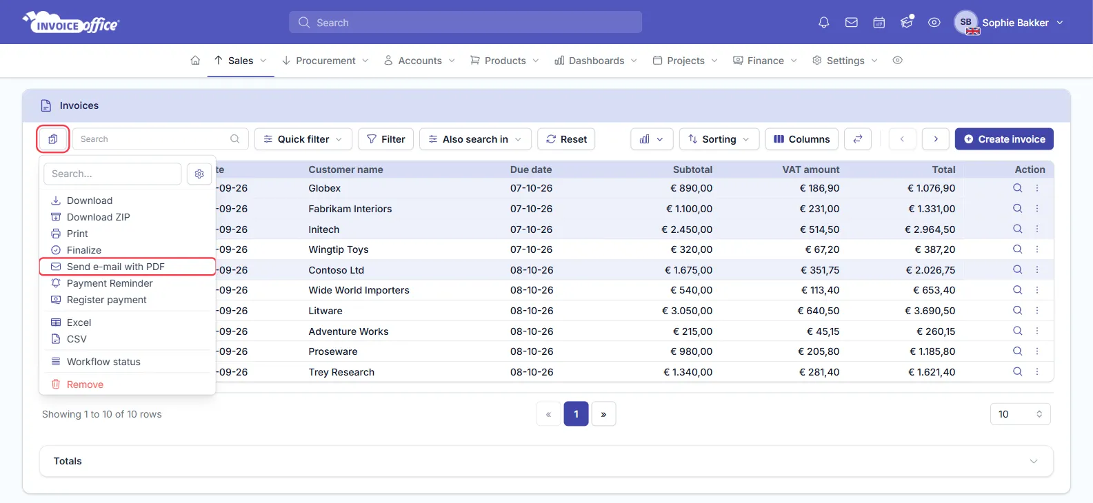 The Selected lines menu open on the Invoice Office invoices list, showing Download, Download ZIP, Print, Finalize, Send e-mail with PDF, Payment Reminder, Register payment, Excel, CSV, Workflow status and Remove; the Selected lines button and Send e-mail with PDF are outlined in red