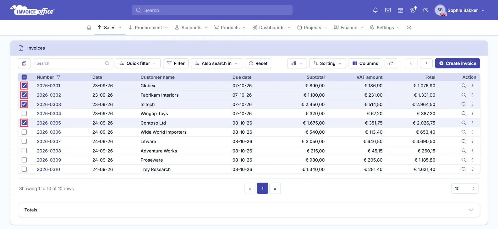 The Invoice Office invoices list with invoices 2026-0301, 2026-0302, 2026-0303 and 2026-0305 ticked for a bulk action and the header checkbox partly ticked; the four ticked checkboxes are outlined in red