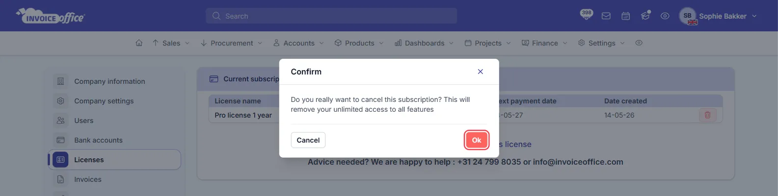 The Confirm window in Invoice Office asking Do you really want to cancel this subscription? This will remove your unlimited access to all features, with Cancel and Ok buttons; Ok is outlined in red