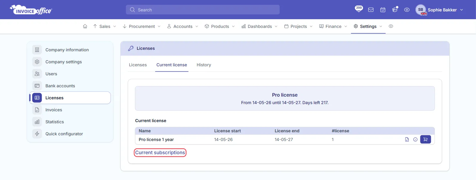 The Current license tab on the Licenses page in Invoice Office settings, showing the Pro license from 14-05-26 until 14-05-27 with 217 days left; the Current subscriptions link below the table is outlined in red