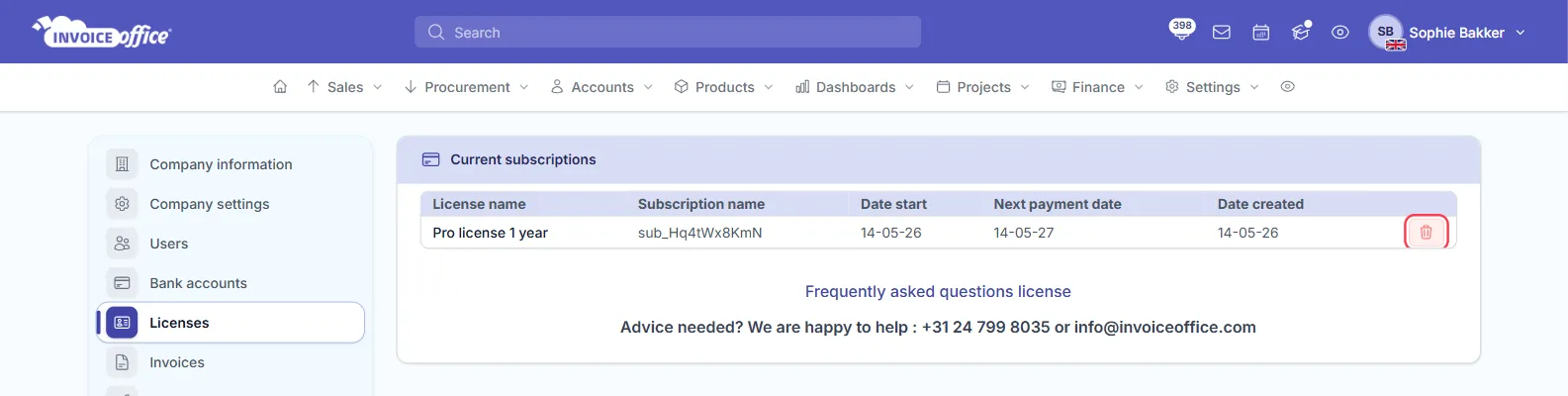 The Current subscriptions page in Invoice Office with one subscription, Pro license 1 year, with its subscription name, date start, next payment date and date created; the red Unsubscribe bin button at the end of the row is outlined in red