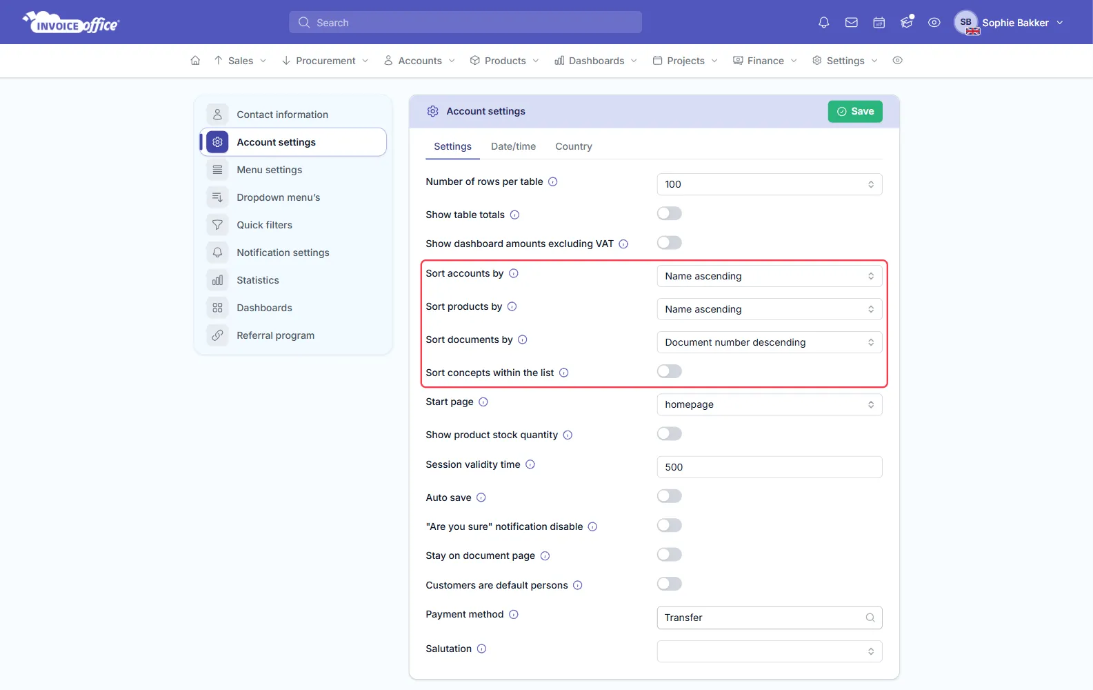 The Settings tab of Account settings in Invoice Office with Sort accounts by and Sort products by set to Name ascending, Sort documents by set to Document number descending and the Sort concepts within the list switch, all outlined in red