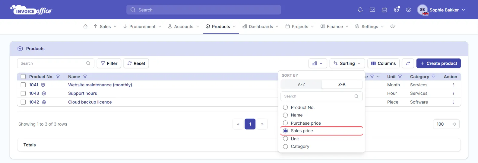 The Products list in Invoice Office with three products and the Sorting dropdown open: Z-A is selected and Sales price is chosen under Sort by, outlined in red, so the most expensive product is at the top