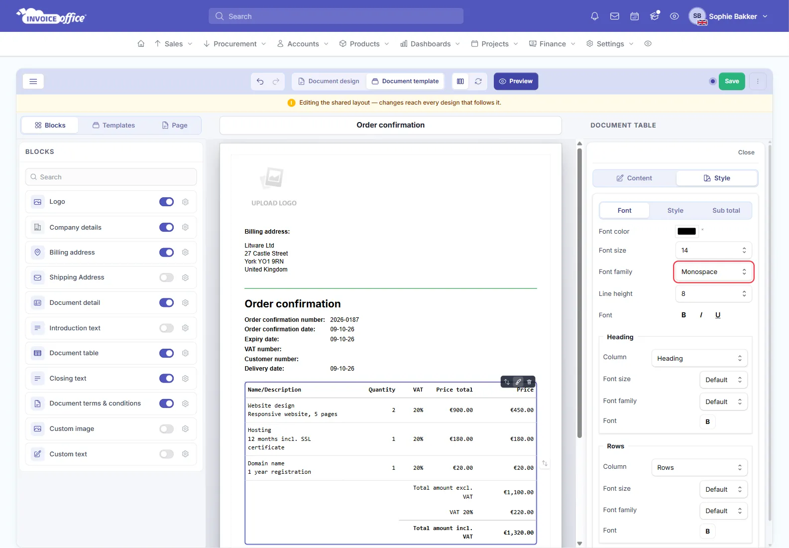 The Document table block selected in the Invoice Office document template editor with its Style tab open: on the Font tab, Font family is set to Monospace, outlined in red, and the table on the page shows the new font while the other blocks keep theirs