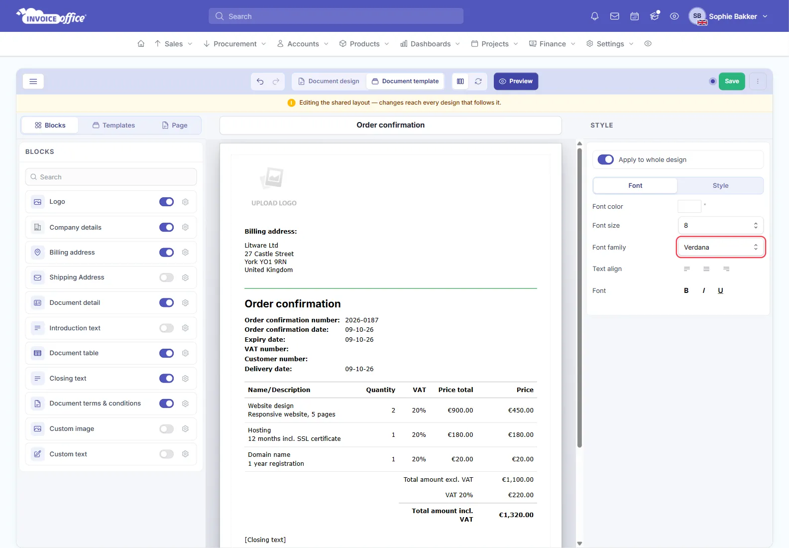 The order confirmation in the Invoice Office document template editor with nothing selected: the Style panel on the right has Apply to whole design turned on and Verdana chosen in Font family, outlined in red