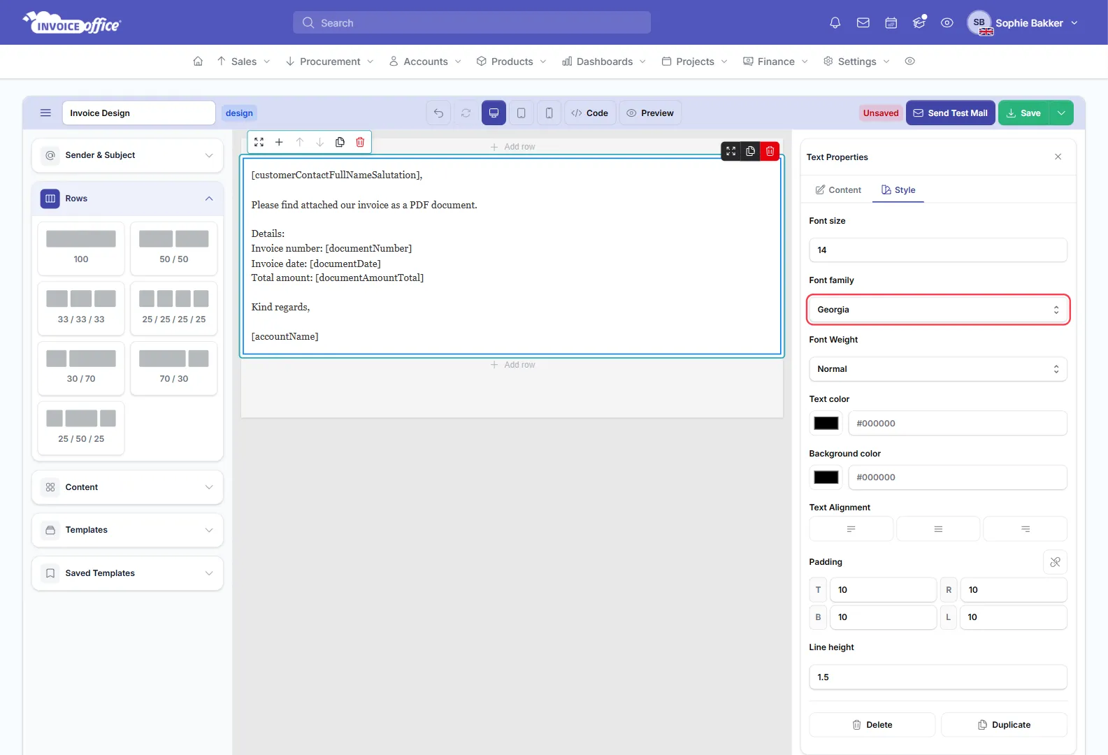 The Invoice Office email template editor for the Invoice Design template with the text block selected: on the Style tab of Text Properties, Font family is set to Georgia, outlined in red, and the email text shows the new font
