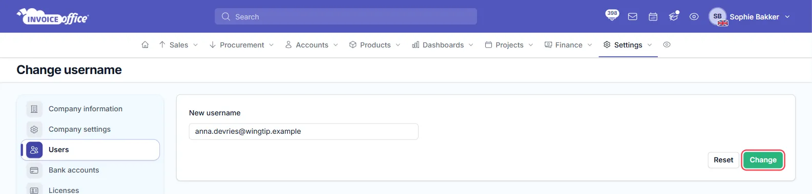 The Change username page in Invoice Office settings with anna.devries@wingtip.example in the New username field; the Change button is outlined in red