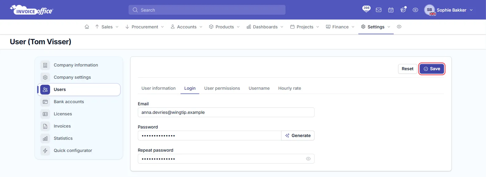 The Login tab of the user form in Invoice Office with Email anna.devries@wingtip.example, a new password in Password and Repeat password, and the Generate button; the Save button at the top right is outlined in red
