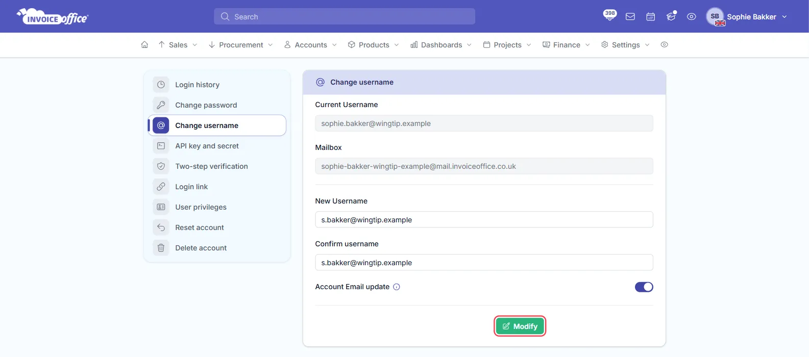 The Change username page in the Invoice Office Security center with the Current Username, the Mailbox address, the new username entered twice in New Username and Confirm username, and the Account Email update switch turned on; the Modify button is outlined in red