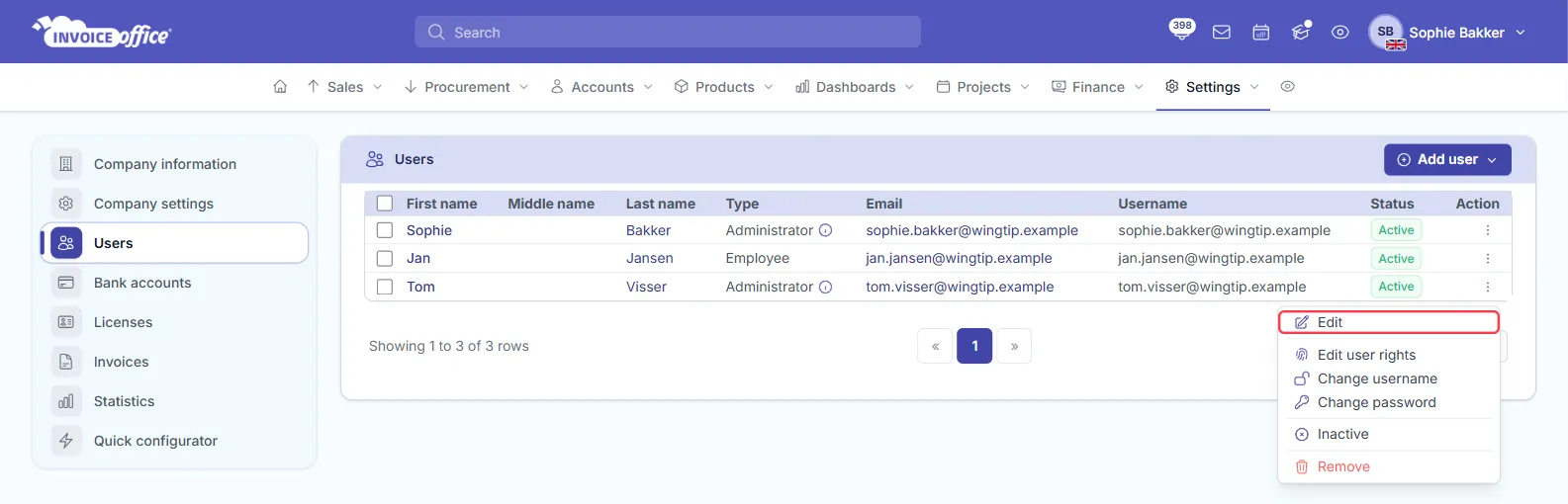 The Users page in Invoice Office settings listing Sophie Bakker, Jan Jansen and Tom Visser with their type, email, username and Active status; the Action menu of Tom Visser is open on Edit, Edit user rights, Change username, Change password, Inactive and Remove, with Edit outlined in red