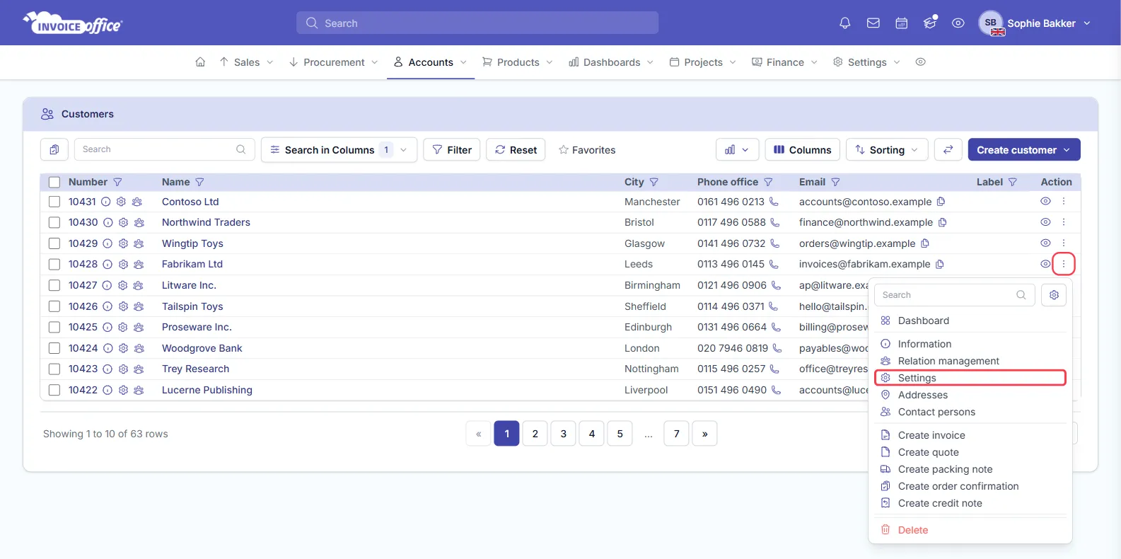 The Customers list in Invoice Office with the Action menu open on Fabrikam Ltd, listing Dashboard, Information, Relation management, Settings, Addresses, Contact persons and the Create document options; the row's ⋮ button and the Settings item are outlined in red