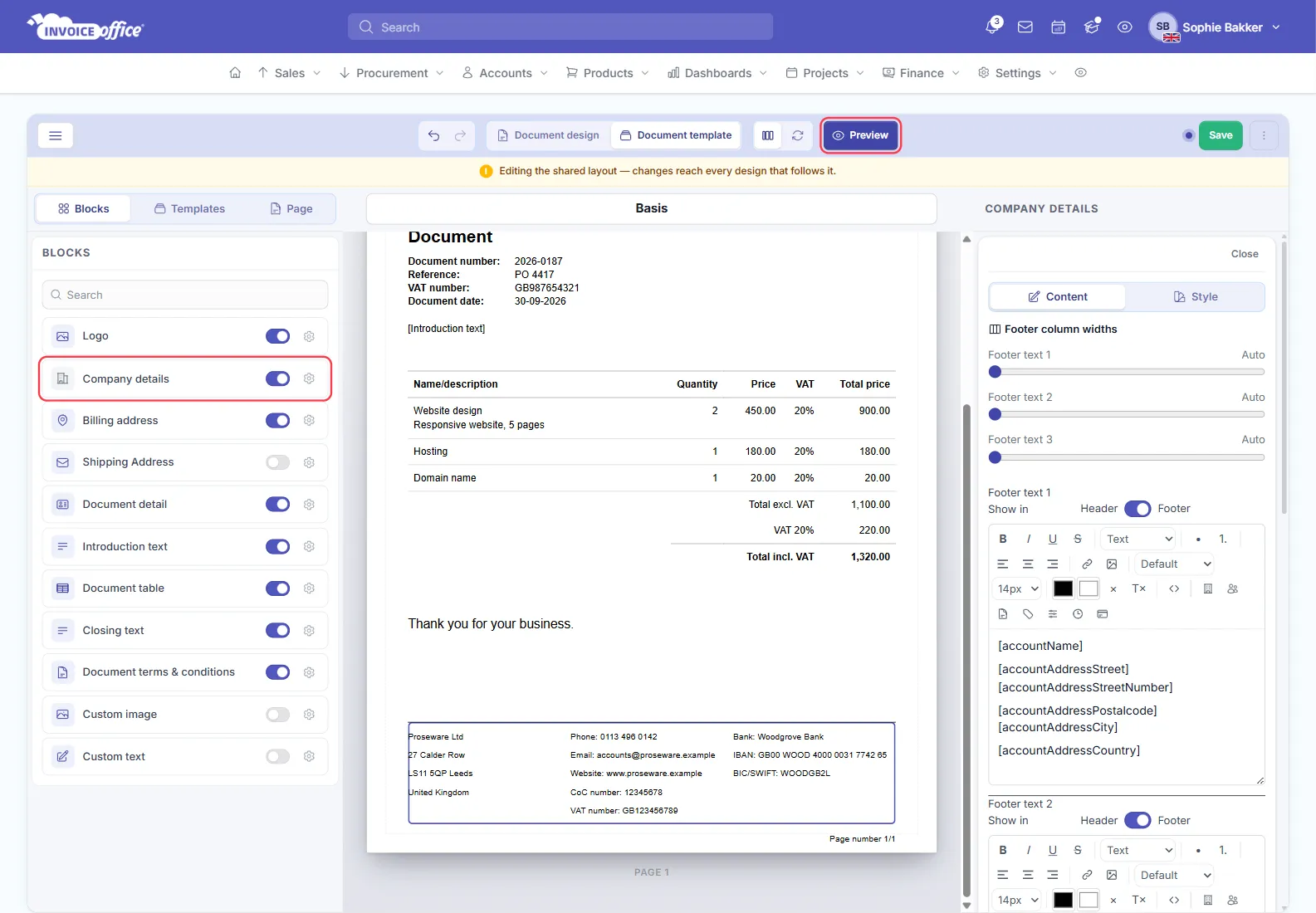 The Invoice Office document template editor with the Company details block and the Preview button outlined in red; the sample document's footer shows Proseware Ltd's address, phone, email, website, CoC number, VAT number and bank details, and the panel on the right lists Footer text 1 with the placeholders [accountName], [accountAddressStreet], [accountAddressPostalcode] [accountAddressCity] and [accountAddressCountry]