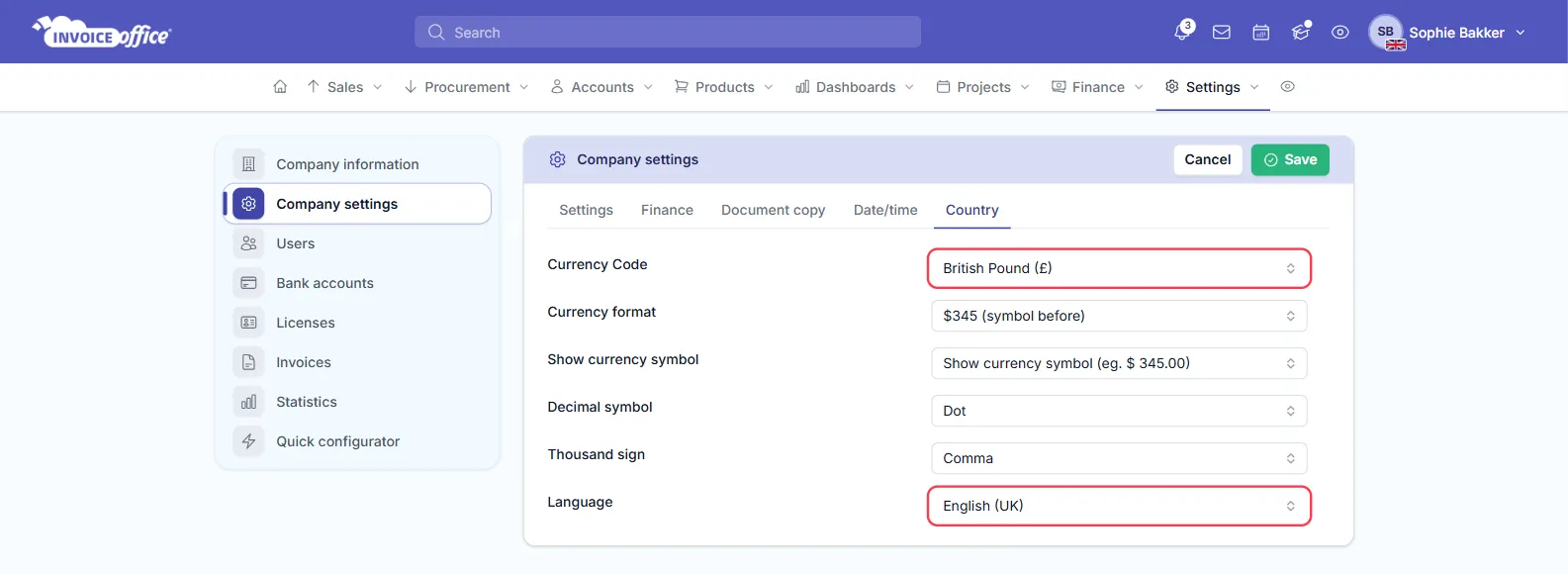 The Country tab of Company settings in Invoice Office with Currency Code set to British Pound (£) and Language set to English (UK), both outlined in red, between Currency format, Show currency symbol, Decimal symbol Dot and Thousand sign Comma