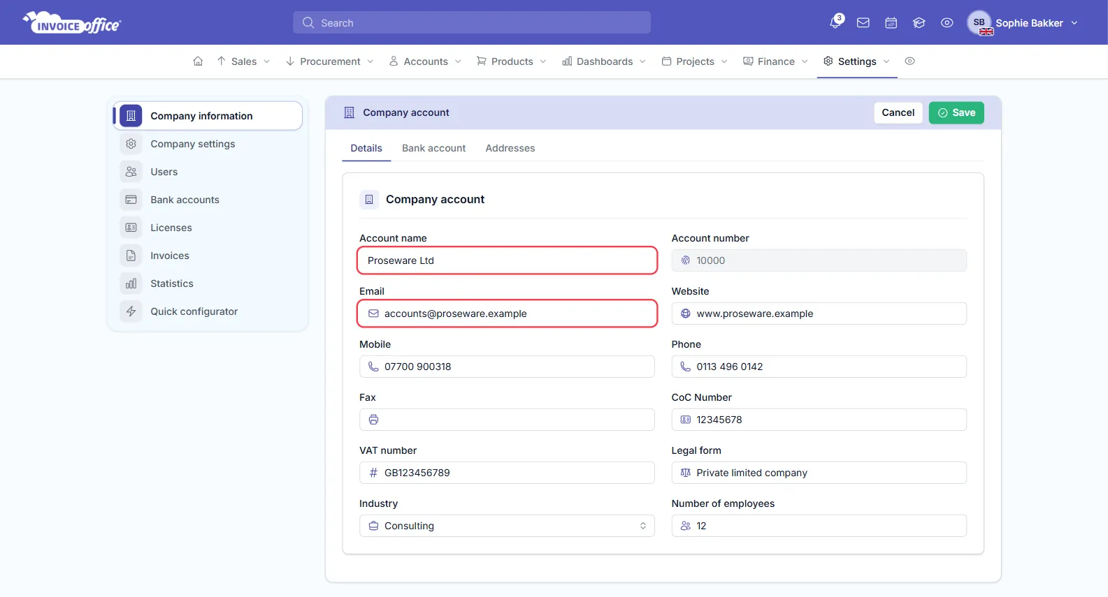 The Details tab of the Company account page in Invoice Office filled in for Proseware Ltd, with phone, website, CoC Number 12345678 and VAT number GB123456789; the Account name and Email fields are outlined in red