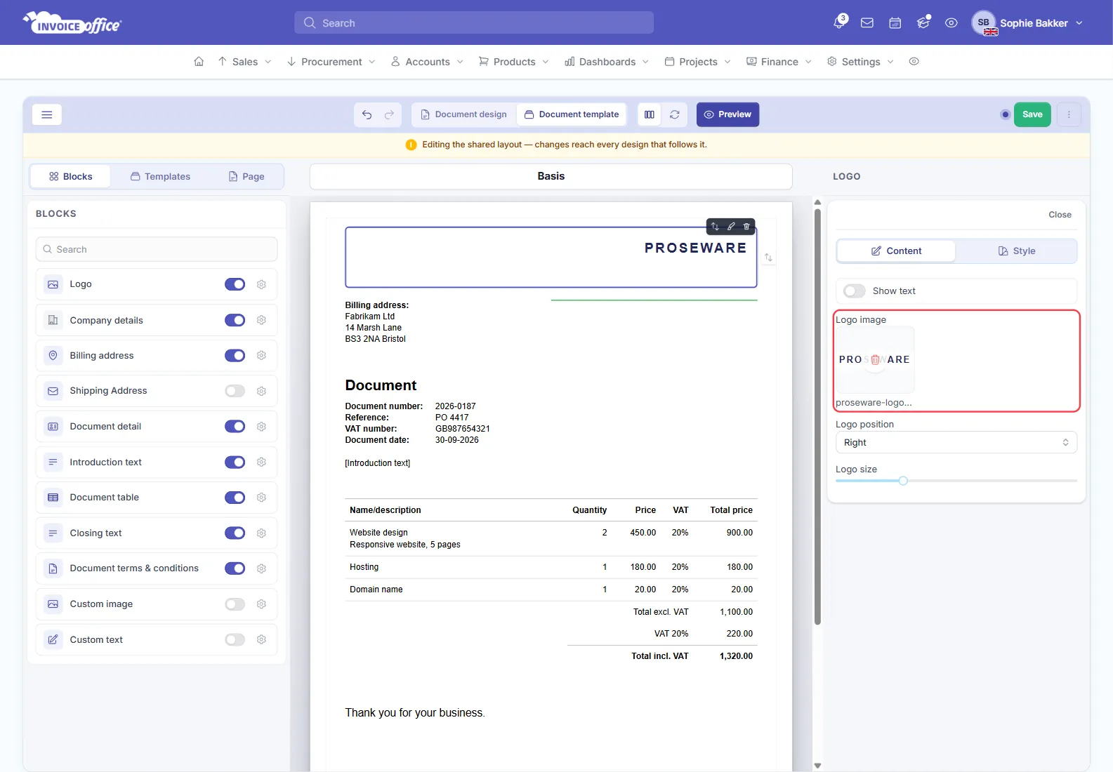 The Logo block open in the Invoice Office document template editor: the Blocks list on the left, a sample document with a Proseware logo in the middle, and on the right Show text switched off, the Logo image upload outlined in red, Logo position set to Right and a Logo size slider