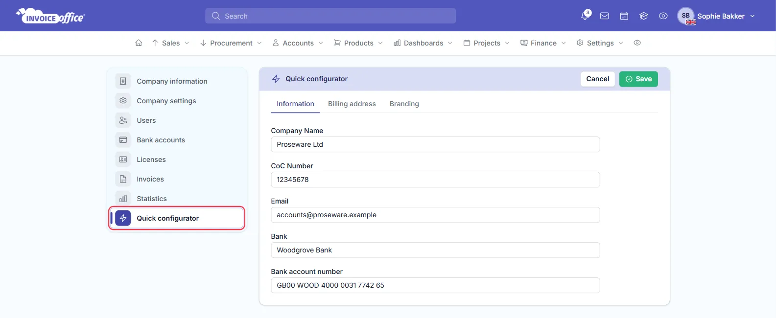 The Quick configurator in Invoice Office, outlined in red in the left menu, with Information, Billing address and Branding tabs and the fields Company Name, CoC Number, Email, Bank and Bank account number filled in for Proseware Ltd