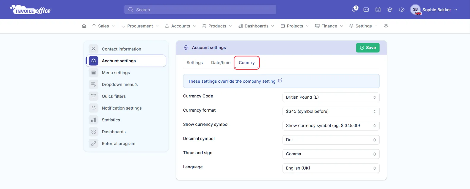 The Country tab of Account settings in Invoice Office, outlined in red, with the note These settings override the company setting above the user's own Currency Code, Currency format, Show currency symbol, Decimal symbol, Thousand sign and Language