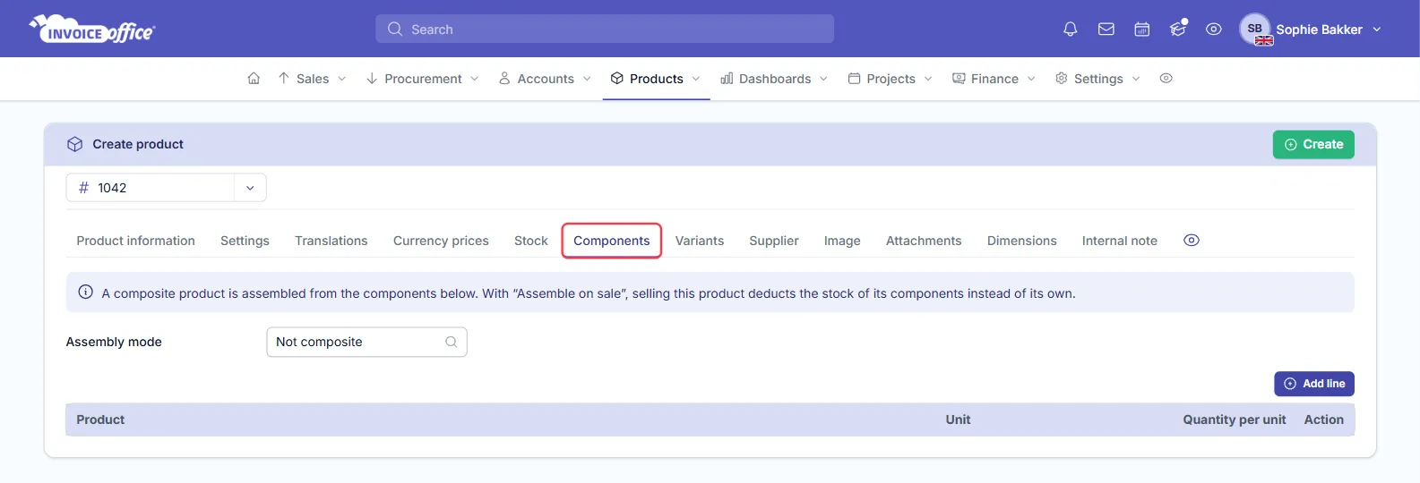The Create product form in Invoice Office with the Components tab open and outlined in red, showing the composite product explanation, Assembly mode set to Not composite, an Add line button and an empty Product, Unit and Quantity per unit table