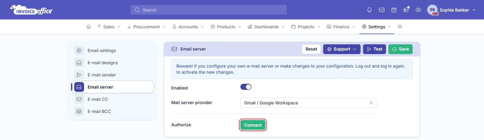 The Email server page in Invoice Office settings with Enabled switched on, Mail server provider set to Gmail / Google Workspace, and the Connect button on the Authorize row outlined in red
