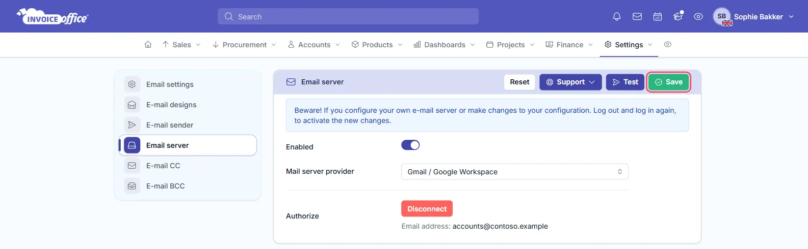 The Email server page with Mail server provider Gmail / Google Workspace connected: the Authorize row shows a red Disconnect button and Email address accounts@contoso.example, and the Save button is outlined in red