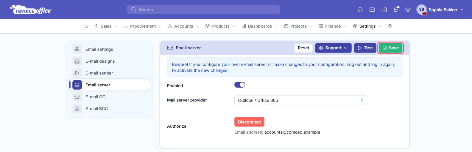The Email server page with Mail server provider Outlook / Office 365 connected: the Authorize row shows a red Disconnect button and Email address accounts@contoso.example, and the Save button is outlined in red