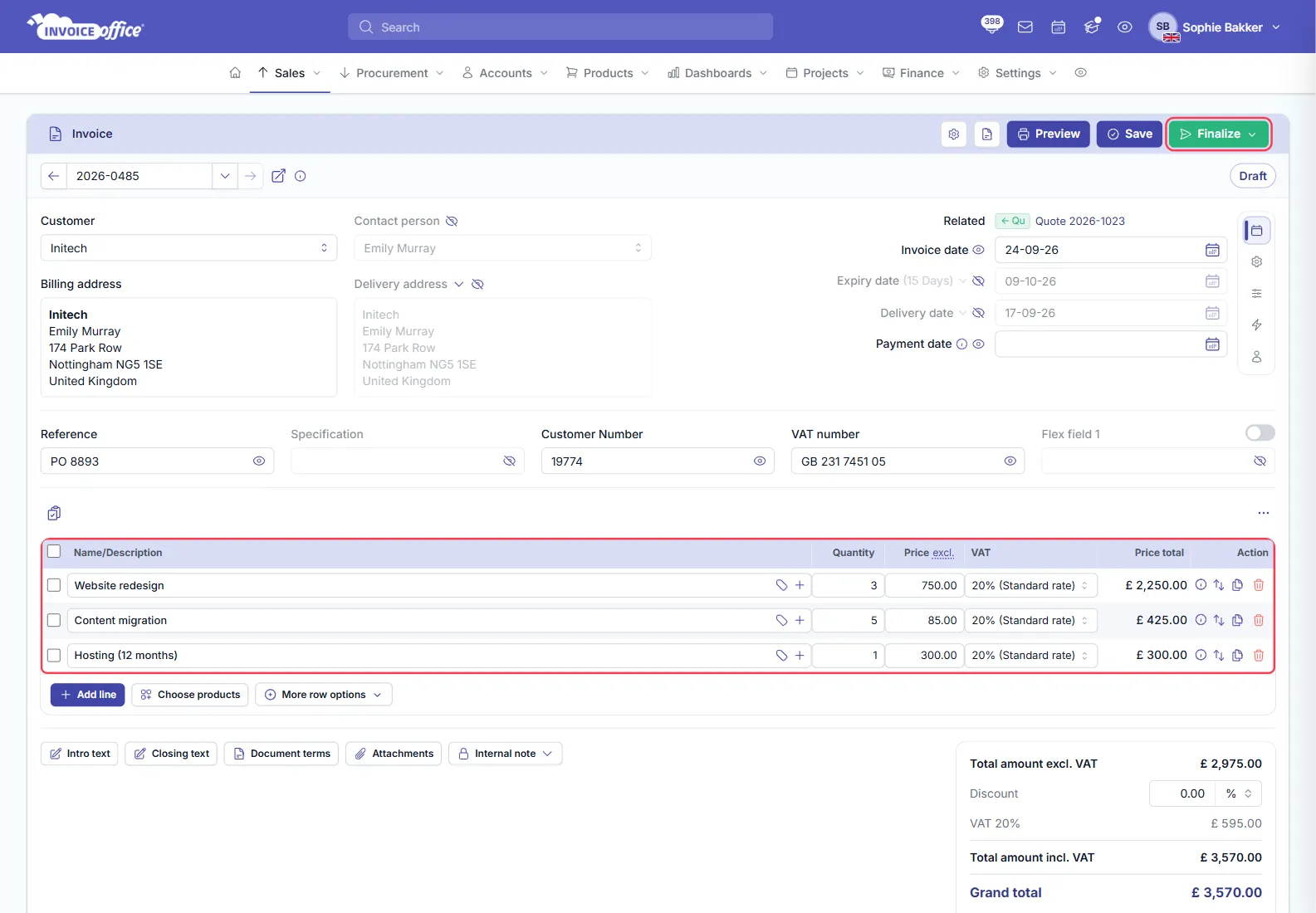 A draft Invoice Office invoice 2026-0485 for Initech created from a quote, with Related showing Quote 2026-1023, invoice date 24-09-26, the three copied lines Website redesign, Content migration and Hosting (12 months) at 20% VAT, and totals of £2,975.00 excluding VAT and £3,570.00 including VAT; the lines table and the Finalize button are outlined in red