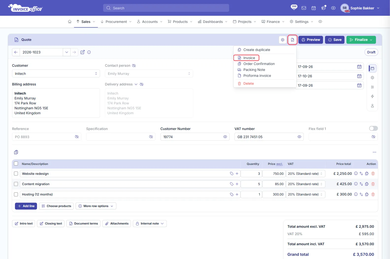 An Invoice Office quote for Initech with three lines totalling £3,570.00 including 20% VAT, and the Action menu open under the document icon showing Create duplicate, Invoice, Order Confirmation, Packing Note, Proforma invoice and Delete; the Action button and Invoice are outlined in red