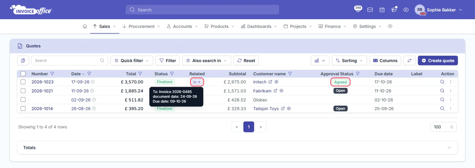 The Invoice Office quotes list after conversion: quote 2026-1023 for Initech now shows Agreed as its Approval Status and an In link in the Related column, with a tooltip reading To: Invoice 2026-0485; the Related link and the Agreed status are outlined in red