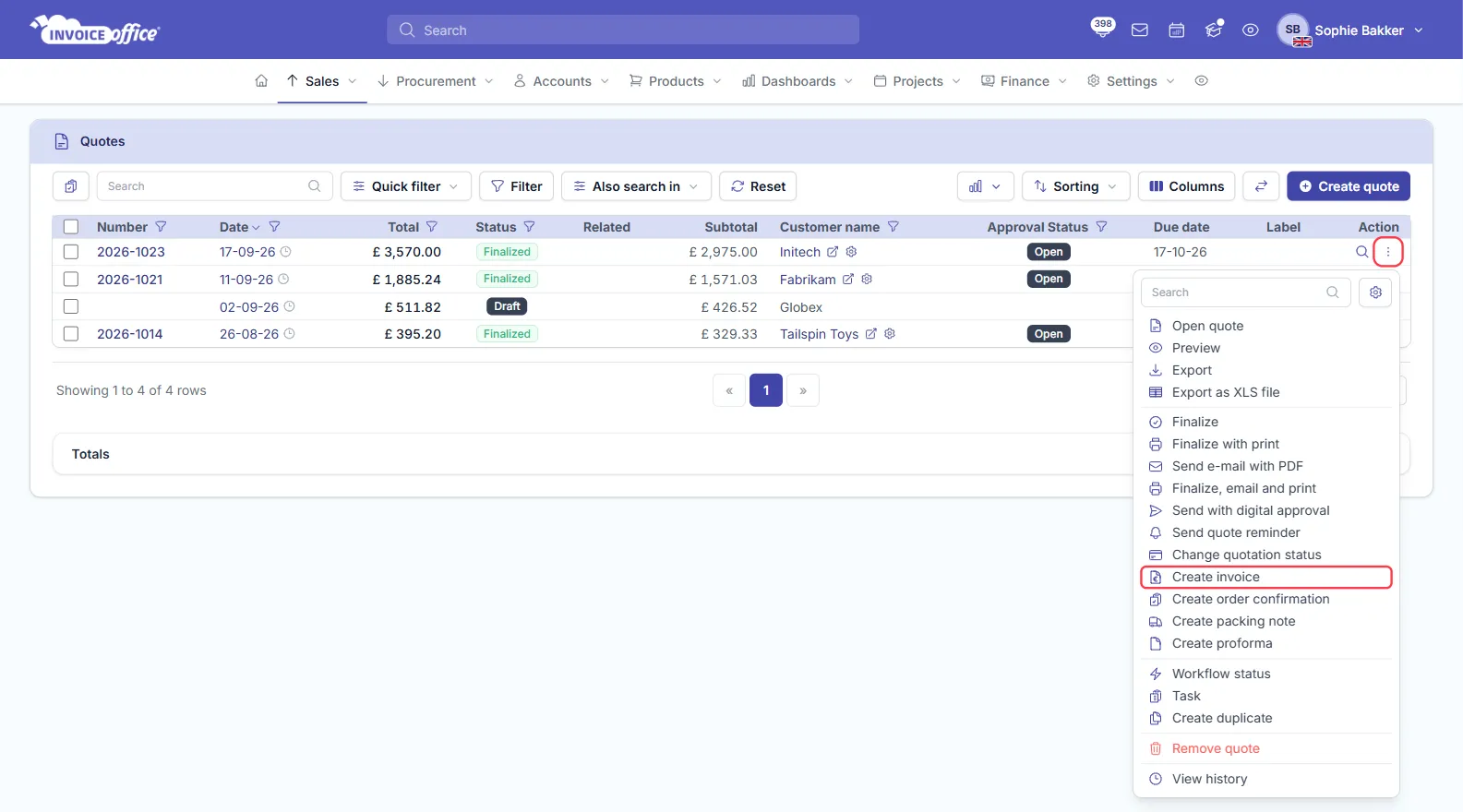 The Invoice Office quotes list with the Action menu open on quote 2026-1023 for Initech, listing Open quote, Preview, Export, the Finalize options, Send with digital approval, Send quote reminder, Change quotation status, Create invoice, Create order confirmation, Create packing note and Create proforma; the Action button and Create invoice are outlined in red