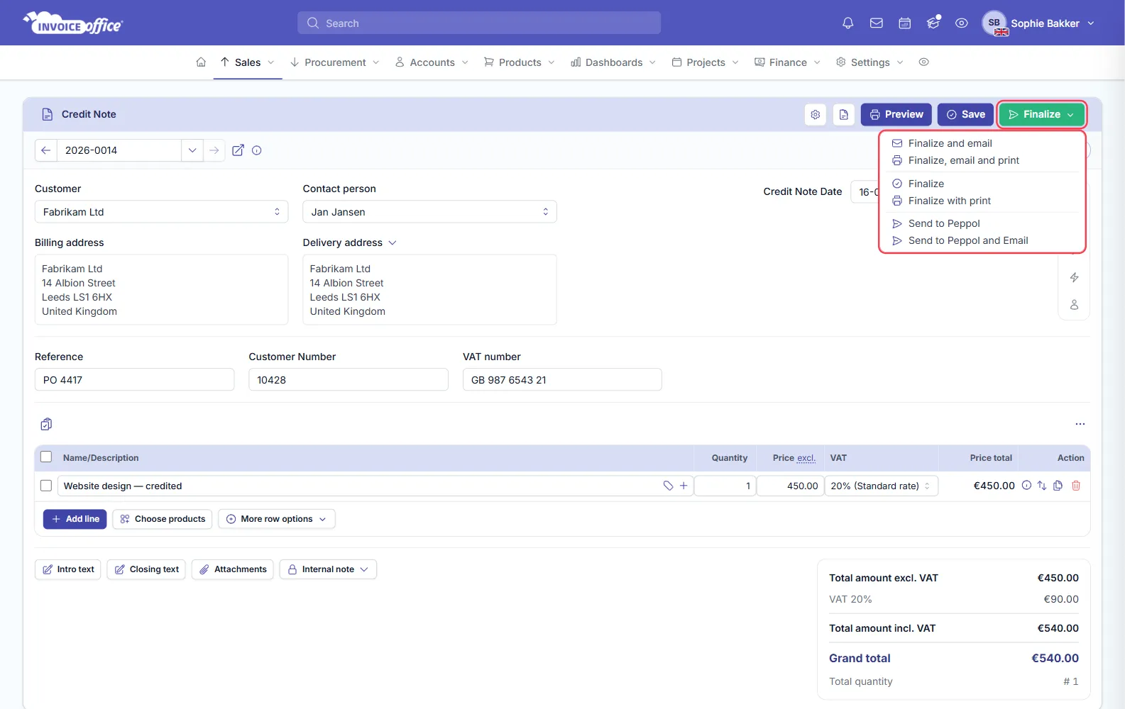 The Finalize menu open on an Invoice Office credit note, listing Finalize and email, Finalize, email and print, Finalize, Finalize with print, Send to Peppol and Send to Peppol and Email