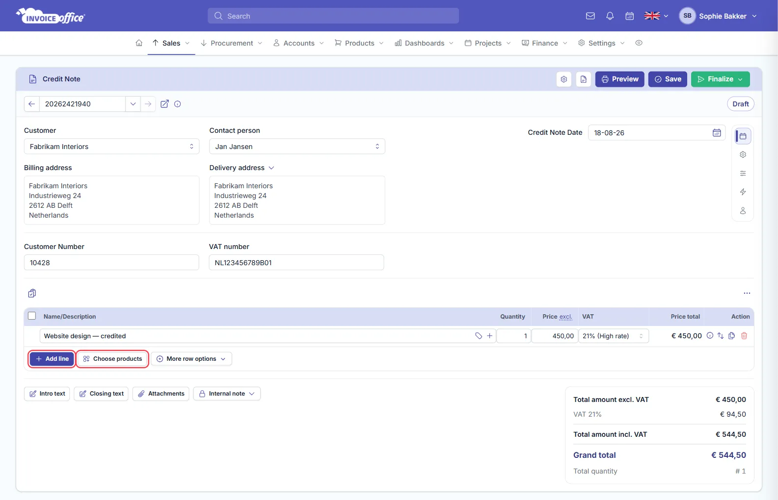 An Invoice Office credit note with one line — Website design, quantity 1 at 450,00 with 21% VAT — and totals of 450,00 excluding VAT, 94,50 VAT and 544,50 including VAT; Add line and Choose products are outlined in red
