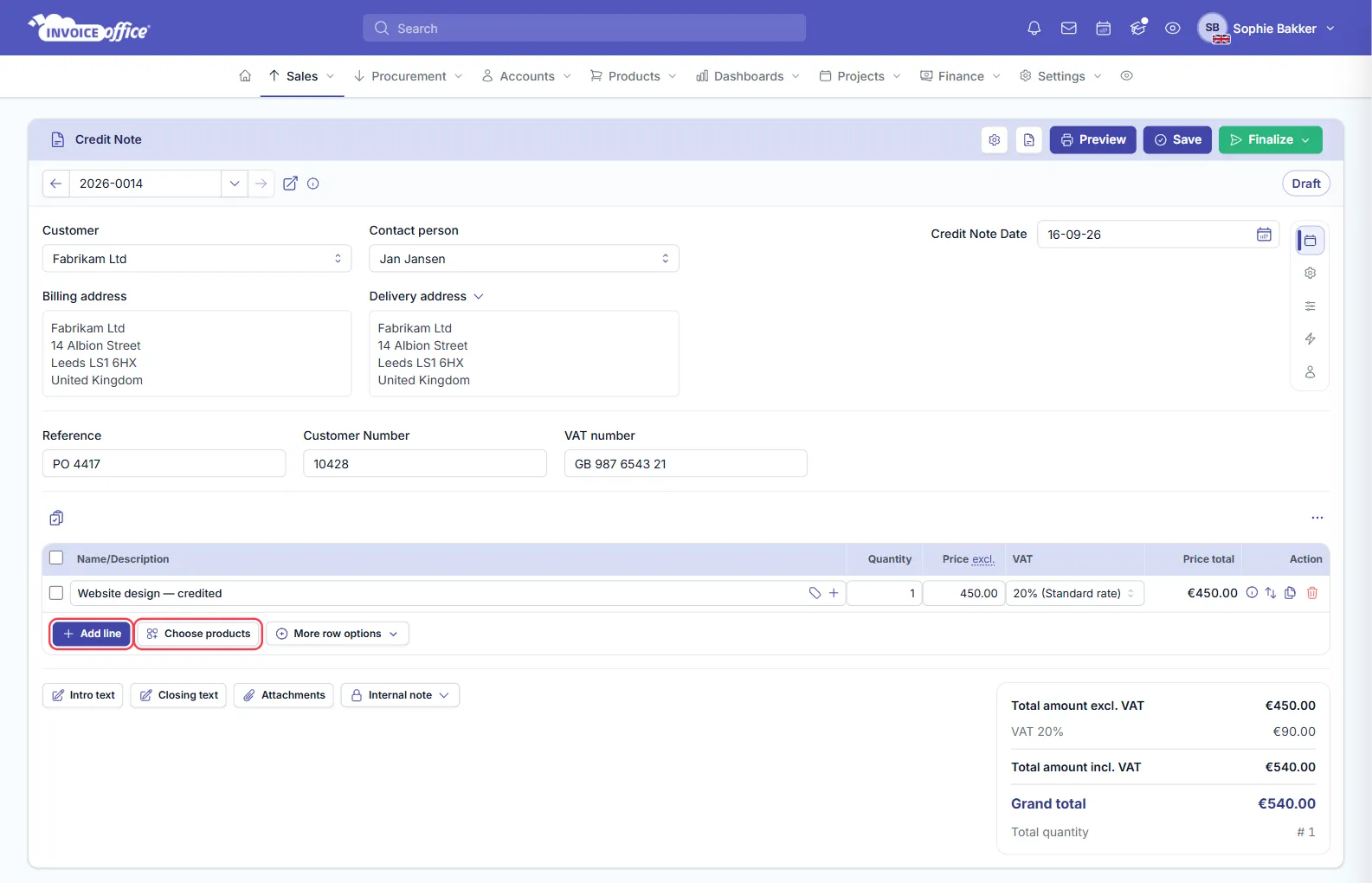 An Invoice Office credit note with one line — Website design — credited, quantity 1 at €450.00 with 20% VAT — and totals of €450.00 excluding VAT, €90.00 VAT and €540.00 including VAT; Add line and Choose products are outlined in red