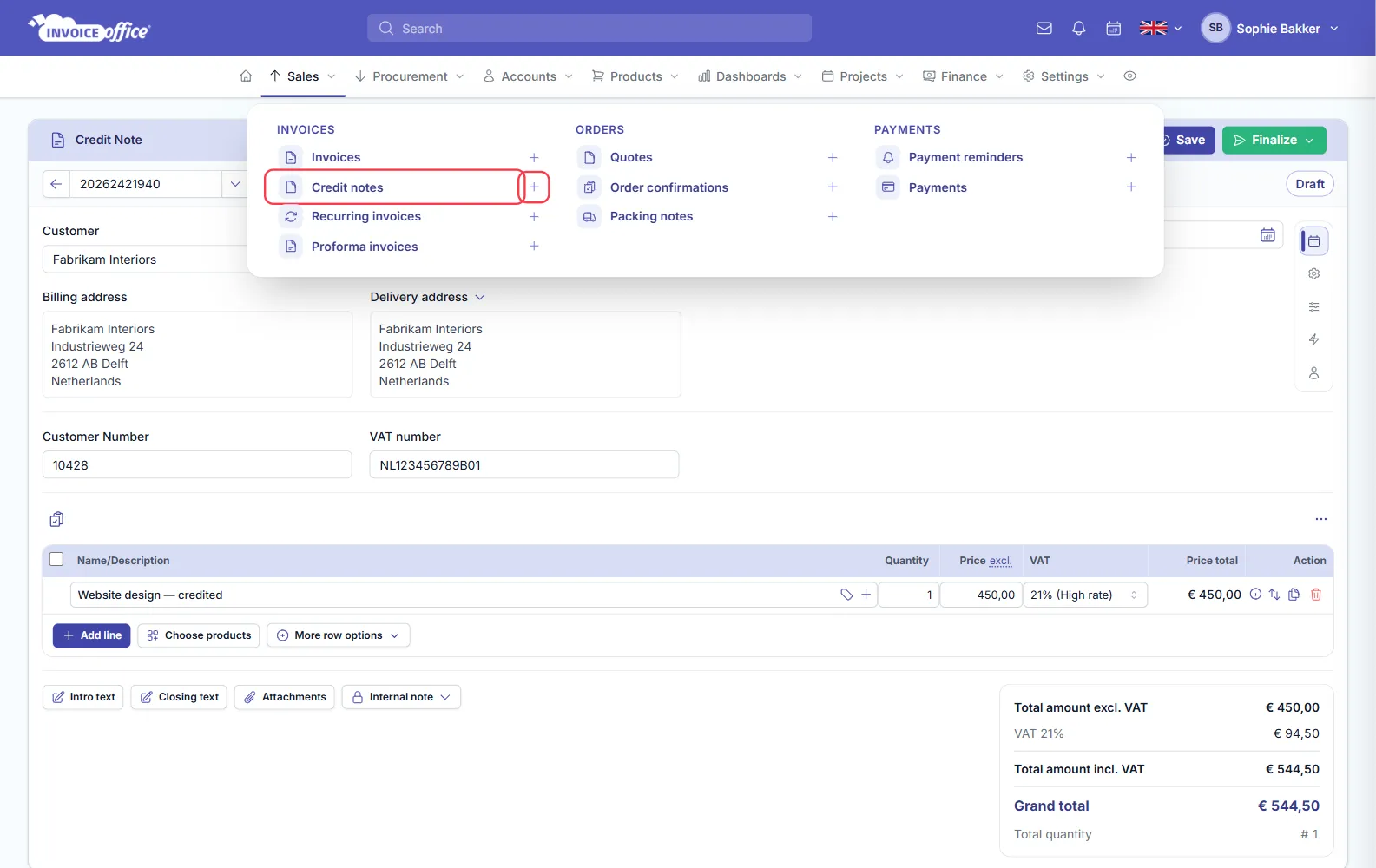 The Sales menu open in Invoice Office with Invoices, Credit notes, Recurring invoices and Proforma invoices under INVOICES, each with a plus icon; Credit notes and its plus icon are outlined in red
