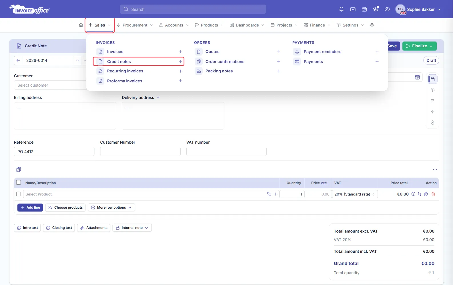 The Sales menu open in Invoice Office with Invoices, Credit notes, Recurring invoices and Proforma invoices under INVOICES, each with a plus icon; Credit notes and its plus icon are outlined in red