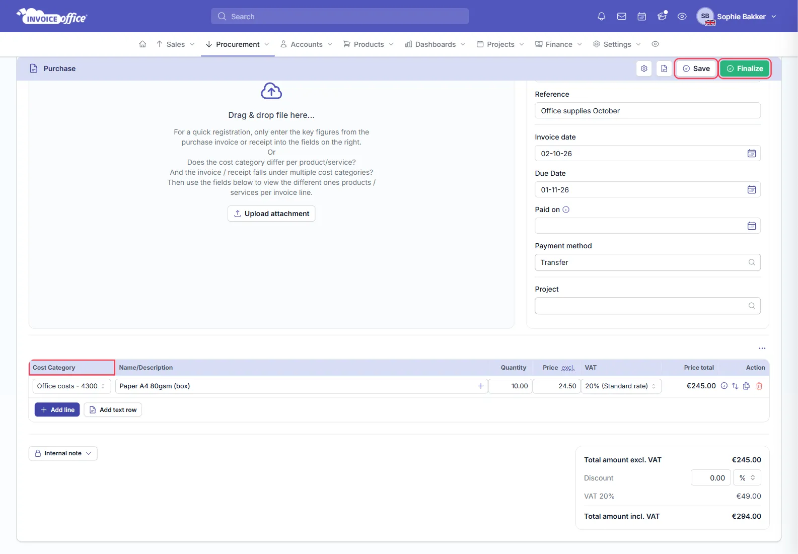 The line table on an Invoice Office purchase showing a Cost Category column with Office costs - 4300, a line for Paper A4 80gsm at 10 × €24.50 with 20% VAT and a total of €245.00; the Cost Category column and cell, and the Save and Finalize buttons, are outlined in red