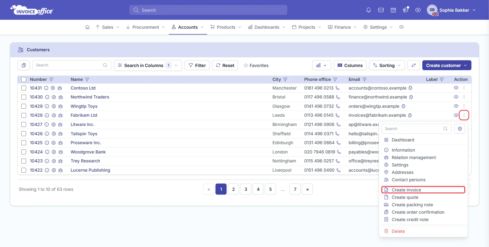 The Invoice Office customers list with the Action menu open on one customer, showing Dashboard, Information, Relation management, Settings, Addresses, Contact persons, Create invoice, Create quote, Create packing note, Create order confirmation, Create credit note and Delete; the Action button and Create invoice are outlined in red