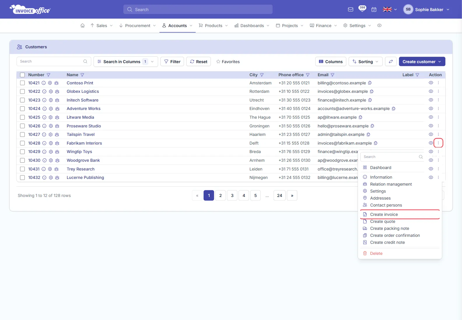 The Invoice Office customers list with the Action menu open on one customer, showing Dashboard, Information, Relation management, Settings, Addresses, Contact persons, Create invoice, Create quote, Create packing note, Create order confirmation, Create credit note and Delete; the Action button and Create invoice are outlined in red