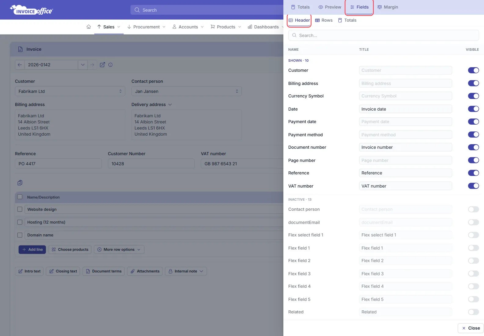 An Invoice Office invoice with the side panel open on its Fields tab, Header sub-tab, listing the header fields with their titles and Visible switches — Customer, Billing address, Currency Symbol, Date, Payment date, Payment method, Document number, Page number, Reference and VAT number shown, Contact person and the flex fields inactive; the Fields tab and Header are outlined in red