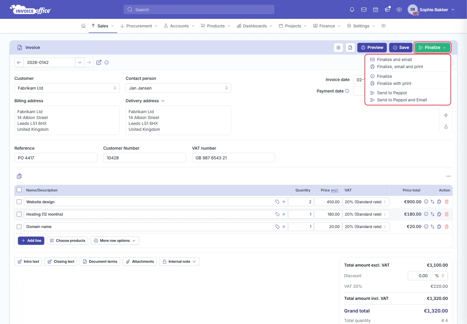 An Invoice Office invoice for Fabrikam Ltd with the Finalize menu open, listing Finalize and email, Finalize, email and print, Finalize, Finalize with print, Send to Peppol and Send to Peppol and Email