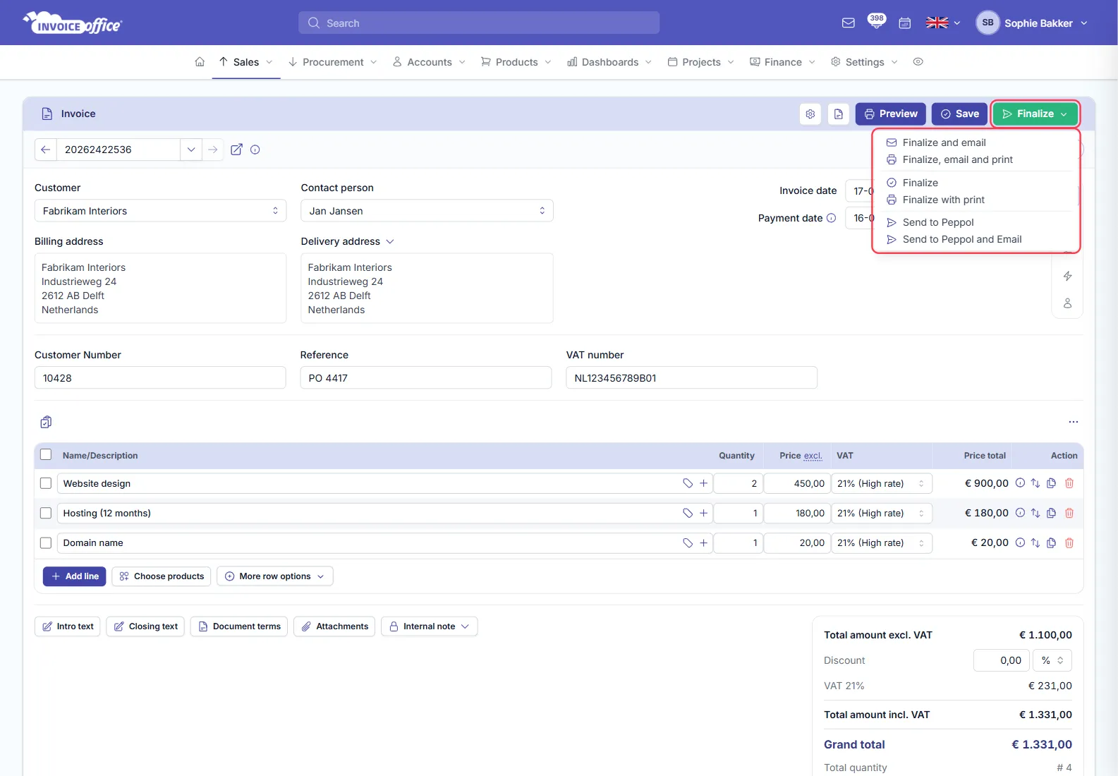 The Finalize menu open on an Invoice Office invoice, listing Finalize and email, Finalize, email and print, Finalize, Finalize with print, Send to Peppol and Send to Peppol and Email