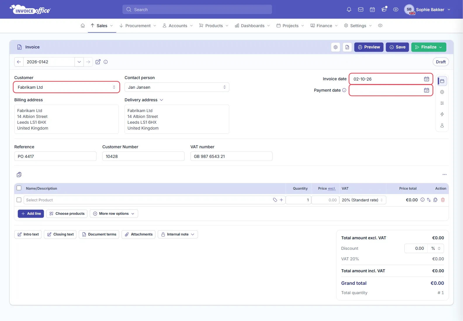 An Invoice Office invoice with the basics filled in: customer Fabrikam Ltd, contact person Jan Jansen, billing and delivery addresses in Leeds, customer number 10428, reference and VAT number, and the invoice and payment dates; the customer field and both dates are outlined in red