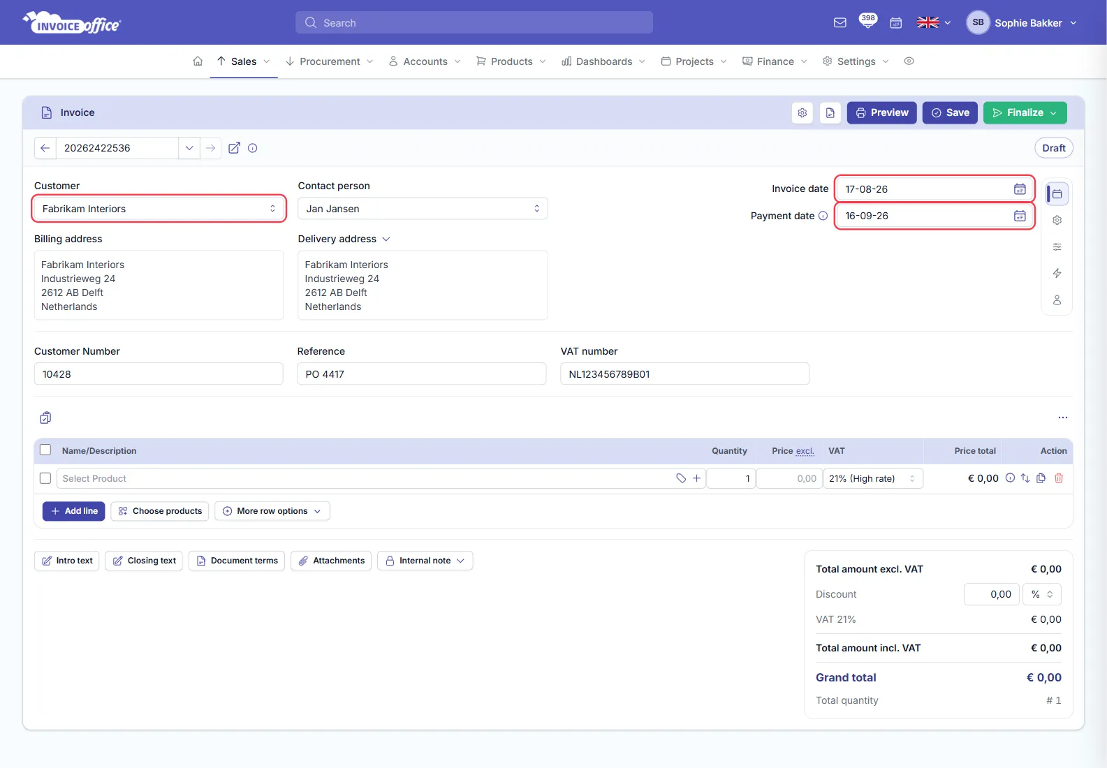An Invoice Office invoice with the basics filled in: customer Fabrikam Interiors, contact person Jan Jansen, billing and delivery addresses in Delft, customer number 10428, reference and VAT number, and the invoice and payment dates; the customer field and both dates are outlined in red