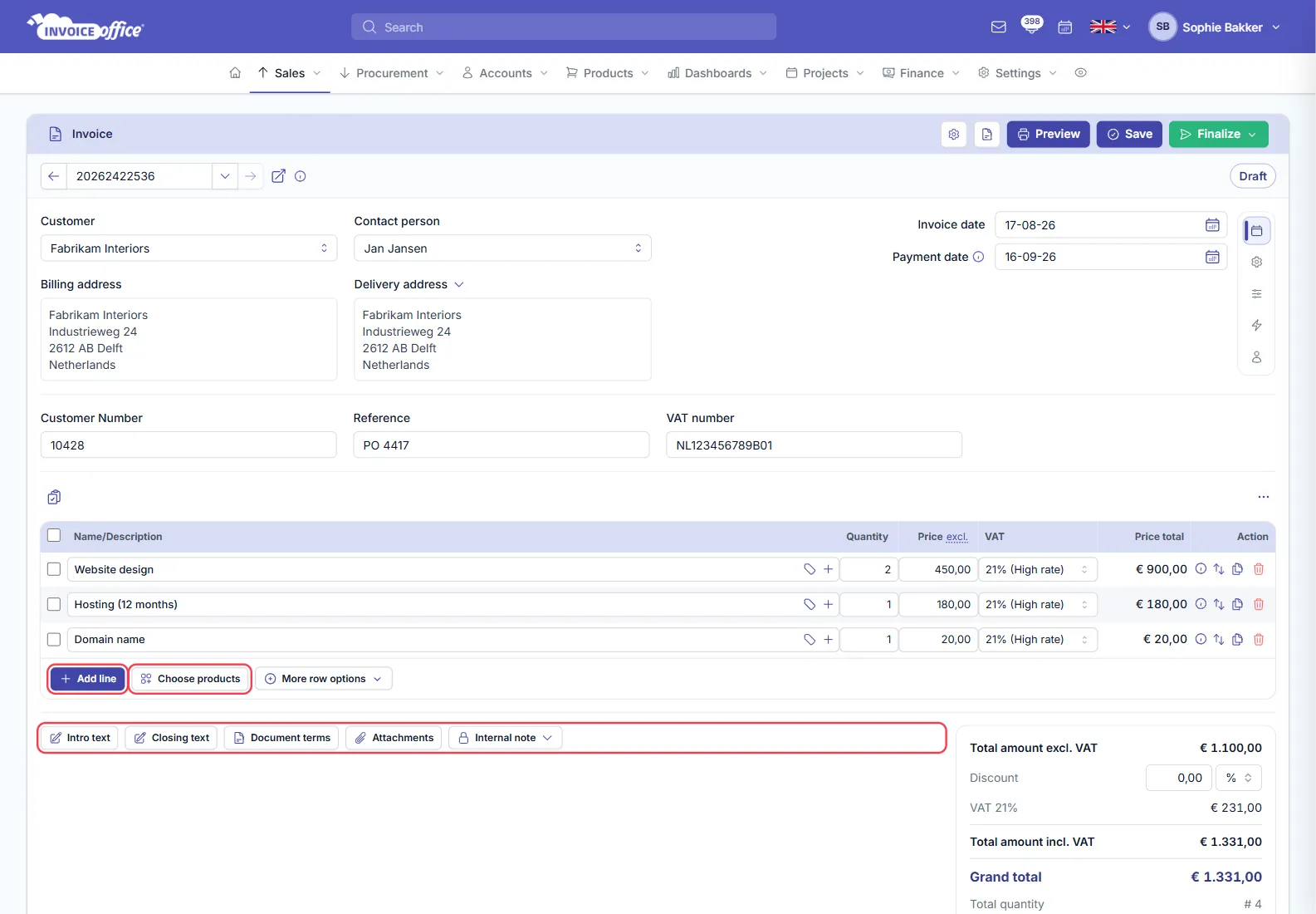 The same Invoice Office invoice with three product lines added — Website design 2 × 450,00, Hosting (12 months) 180,00 and Domain name 20,00, each at 21% VAT — and a totals panel reading 1.100,00 excluding VAT, 231,00 VAT and 1.331,00 including VAT; Add line, Choose products and the note buttons are outlined in red
