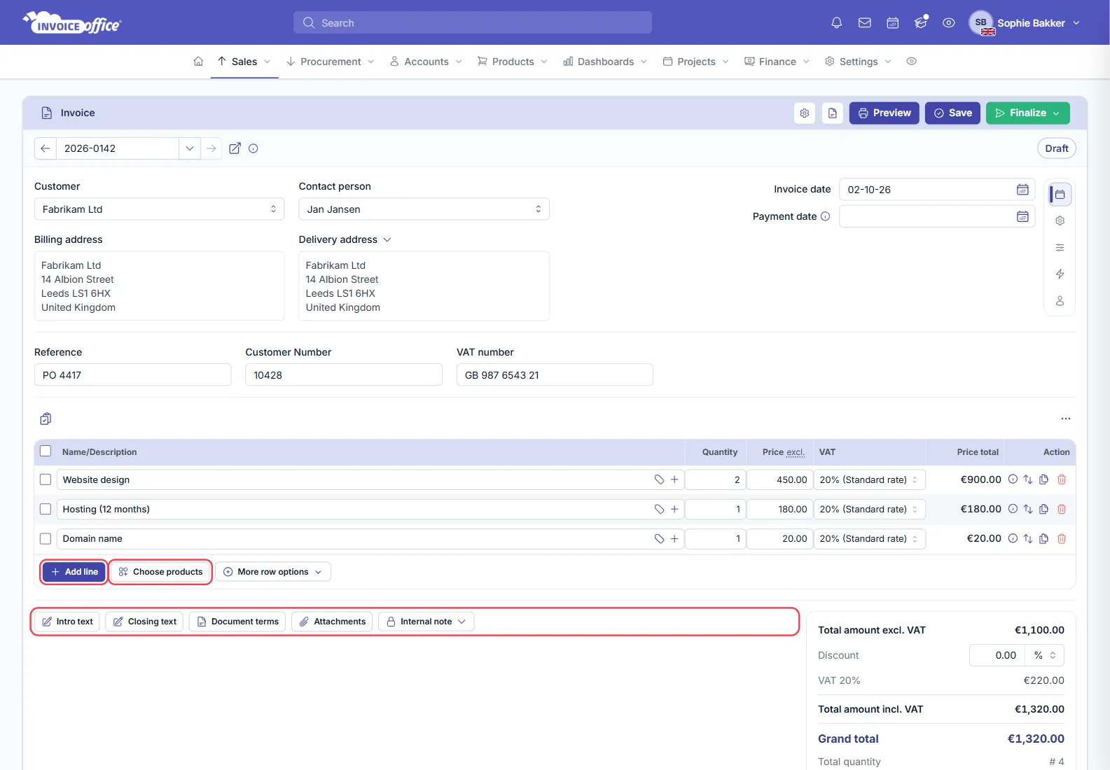 The same Invoice Office invoice with three product lines added — Website design 2 × €450.00, Hosting (12 months) €180.00 and Domain name €20.00, each at 20% VAT — and a totals panel reading €1,100.00 excluding VAT, €220.00 VAT and €1,320.00 including VAT; Add line, Choose products and the note buttons are outlined in red