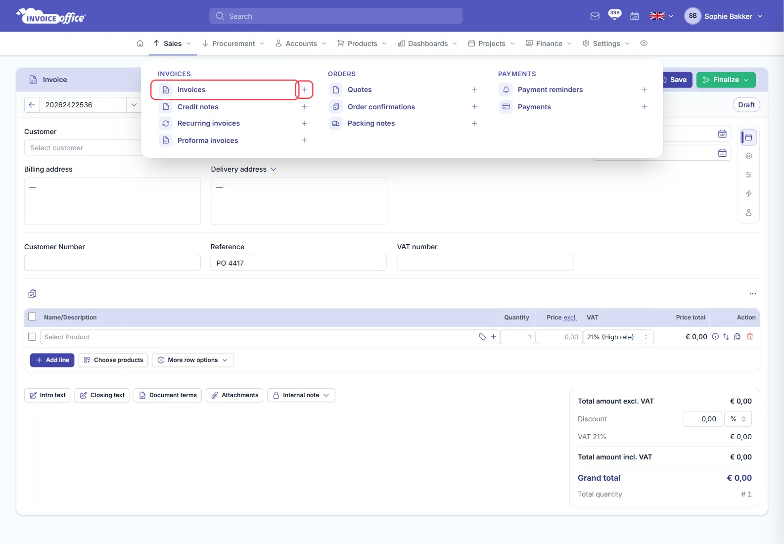 The Sales menu open in Invoice Office, with Invoices, Credit notes, Recurring invoices and Proforma invoices under INVOICES, each with a plus icon; Invoices and its plus icon are outlined in red