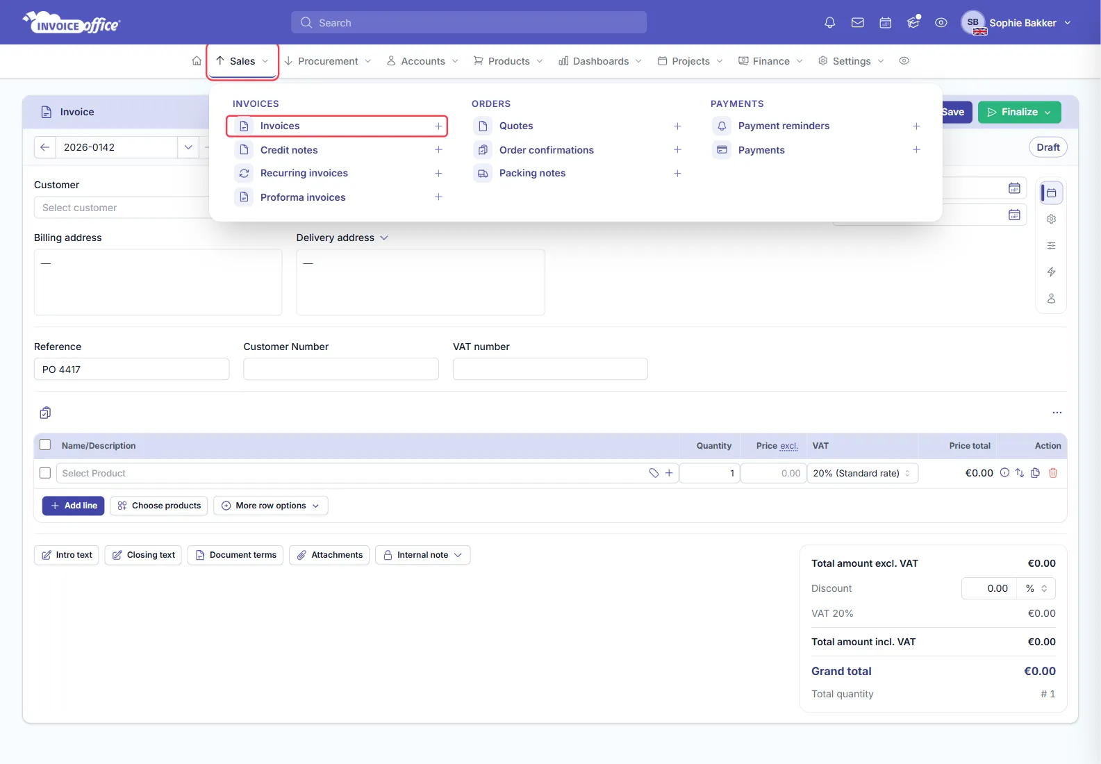 The Sales menu open in Invoice Office, with Invoices, Credit notes, Recurring invoices and Proforma invoices under INVOICES, each with a plus icon; Invoices and its plus icon are outlined in red