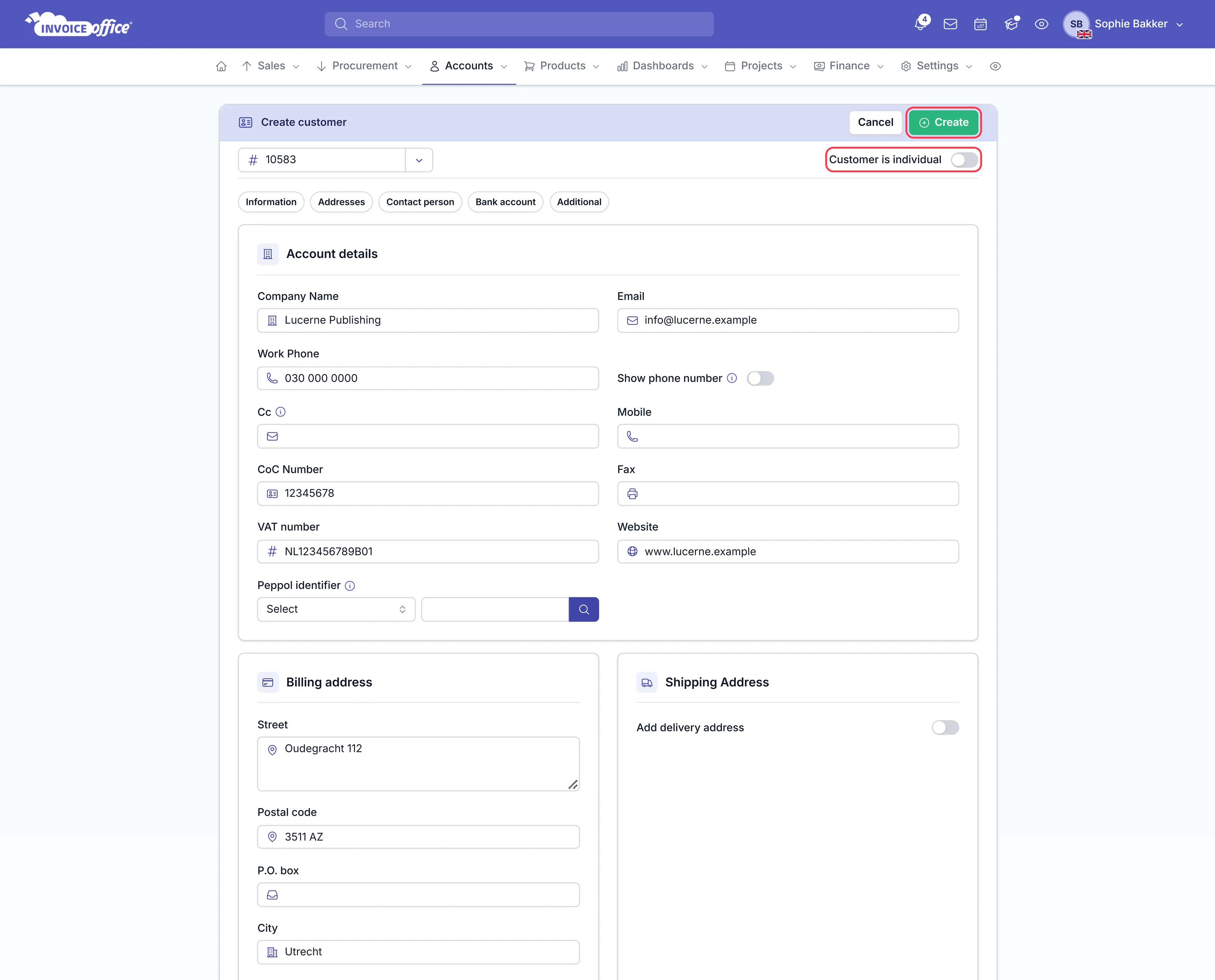 The Invoice Office create customer form with Account details filled in for Lucerne Publishing and a billing address in Utrecht; the Customer is individual toggle and the Create button are outlined in red