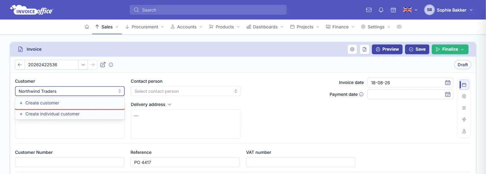 An Invoice Office invoice with Northwind Traders typed in the Customer box and the dropdown showing Create customer and Create individual customer; Create customer is outlined in red