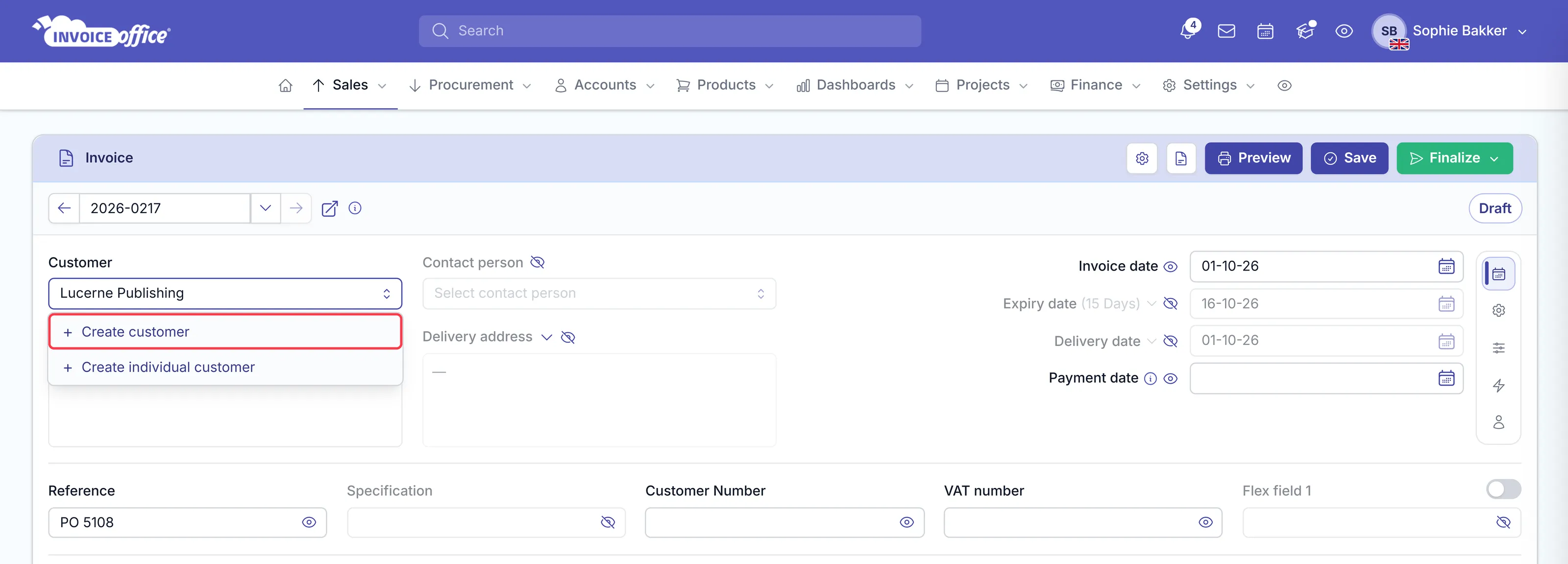 An Invoice Office invoice with Lucerne Publishing typed in the Customer box and the dropdown showing Create customer and Create individual customer; Create customer is outlined in red